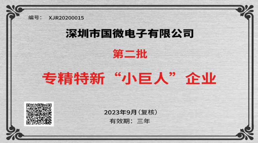 2023年9月，國微電子被工業(yè)和信息化部中小企業(yè)局再次認定為國家級專精特新重點“小巨人”企業(yè)